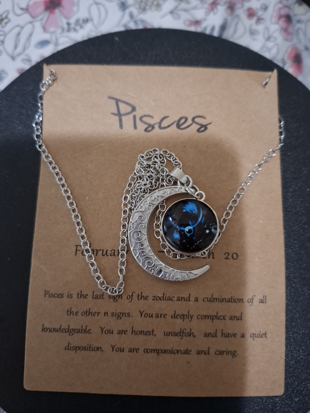 Pisces Moon Phase Silver Pendant Necklace - Blue Glass Cabochon